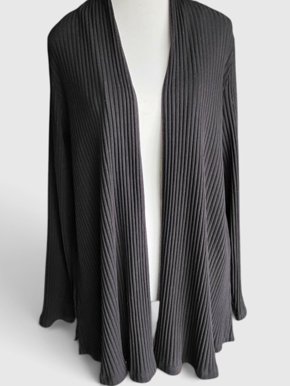 Eileen Fisher Black Ribbed Open Cardigan Sweater Draped Knit Shacket Size S